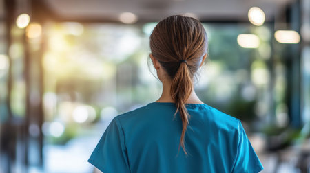 A healthcare professional stands in a modern facility, showcasing commitment and care in a calm and inviting environment. Perfect for health-related themes.の素材