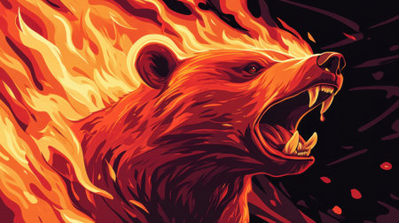 Dynamic illustration of a fierce bear surrounded by vibrant flames, symbolizing strength and aggression. Perfect for wildlife-themed projects.の素材