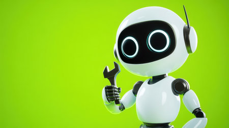 A cheerful robot character holding a wrench stands against a bright green background. This playful design embodies technology and innovation, perfect for educational and creative projects.の素材