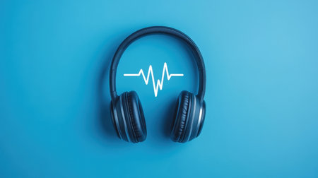 A sleek pair of headphones paired with a sound wave graphic on a vibrant blue background, symbolizing music and audio technology in a modern design.の素材