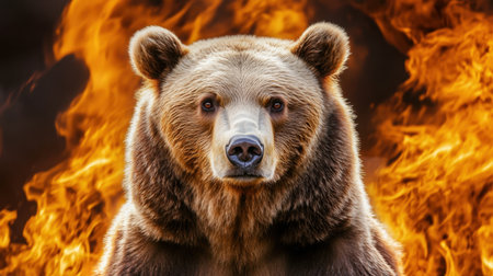 A striking portrait of a bear surrounded by flames, showcasing its powerful presence and fierce expression, symbolizing strength and resilience in nature.の素材