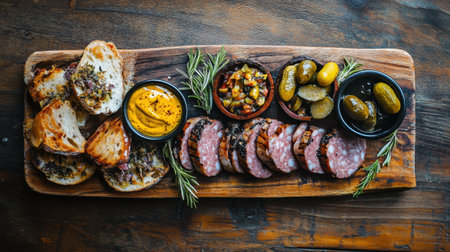 A beautifully arranged charcuterie board featuring sliced meats, spreads, olives, pickles, and rustic bread. Perfect for gatherings or special occasions.の素材
