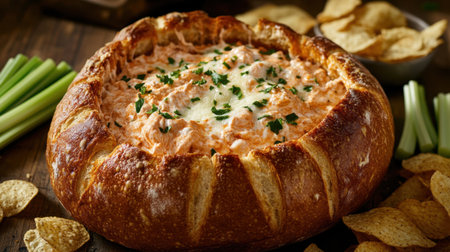 A tempting buffalo chicken dip served in a warm, crusty bread bowl. Perfect for parties and gatherings, this savory appetizer combines creamy cheese and delicious spices.の素材