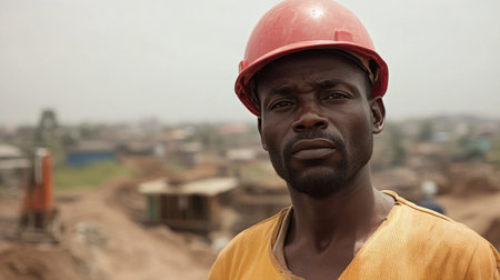 A focused construction worker wearing a helmet at a building site. This image captures the determination and hard work of labor in an urban environment.の素材