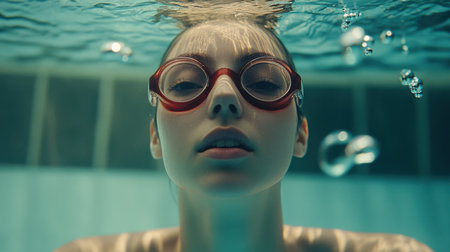 A young woman is captured underwater in a beautiful pool, wearing stylish goggles and surrounded by bubbles. The serene moment highlights her calm expression and the refreshing environment.の素材