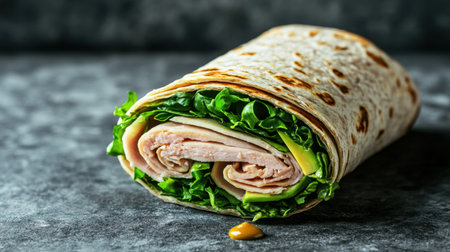 A delicious wrap composed of fresh greens and sliced meat, ideal for a healthy lunch or snack option. Perfect for meal prep or catering ideas.の素材