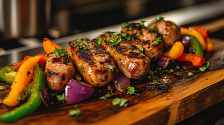 Succulent grilled sausages accompanied by vibrant peppers and fresh herbs, perfect for summer gatherings or a delightful meal at home.の素材
