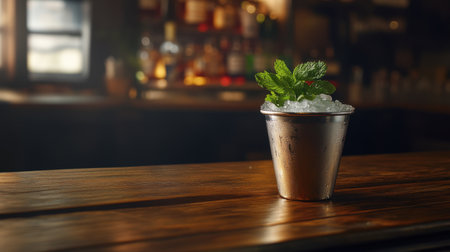 A refreshing minty cocktail served in a metal cup filled with ice, showcasing elegance and creativity at a vibrant bar setting, perfect for summer enjoyment.の素材
