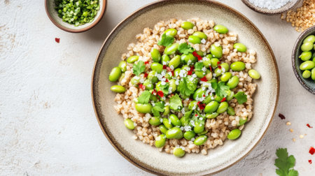 This vibrant edamame salad features fresh herbs and spices, making it a perfect healthy meal or snack. Enjoy its colorful presentation and nutritious benefits.の素材
