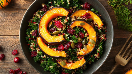 A vibrant quinoa salad featuring roasted butternut squash and fresh kale, accented with cranberries and pumpkin seeds, perfect for a healthy meal.の素材
