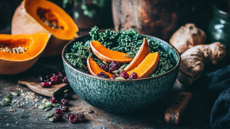 A beautifully arranged bowl featuring fresh kale, pumpkin slices, cranberries, and ginger, showcasing vibrant colors and a rustic charm, perfect for healthy meal ideas.の素材