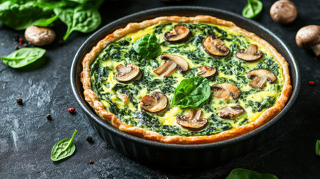 This delicious spinach and mushroom quiche is freshly baked, showcasing vibrant colors and textures. Perfect for a healthy meal or brunch option.の素材