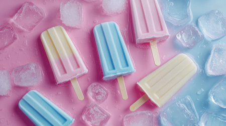 A vibrant arrangement of colorful ice cream popsicles sits atop a pink and blue background, surrounded by ice cubes. Perfect for summer themes and desserts.の素材