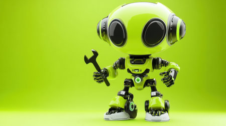 A cute robot character holding a tool, set against a vibrant green background. Perfect for technology and innovation themes, this playful design highlights creativity and fun.の素材