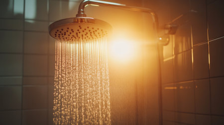 A captivating view of water cascading from a showerhead, illuminated by soft sunlight. This image conveys relaxation and freshness in a cozy bathroom setting.の素材