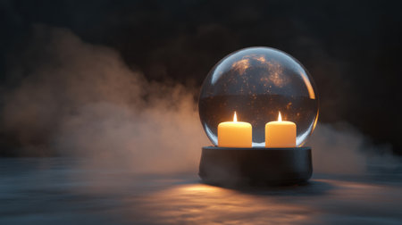 A serene and mystical scene featuring two glowing candles beside a crystal ball, creating an enchanting atmosphere. Perfect for evoking warmth and tranquility.の素材