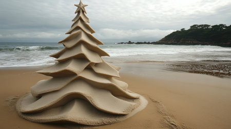 A unique sand sculpture resembling a Christmas tree stands majestically on a serene beach, surrounded by soft waves and cloudy skies, celebrating the holiday spirit in an unexpected coastal setting.の素材