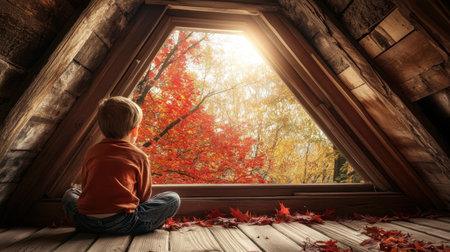 A young boy sits quietly by a window, gazing at vibrant autumn leaves outside. The warm sunlight illuminates the cozy indoor space, evoking feelings of serenity and joy.の素材