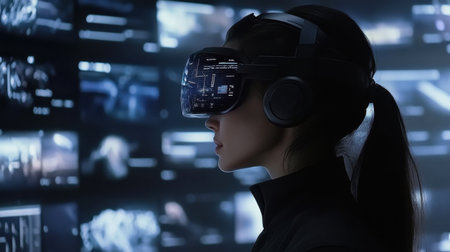 A woman engaged in a virtual reality experience, showcasing advanced technology with a focus on immersive interaction and modern design elements.の素材