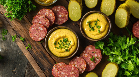 A delightful deli platter featuring mustard, pickles, and sliced meats, perfect for snacking or entertaining. Ideal for gatherings and culinary displays.の素材