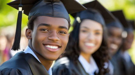 A smiling student celebrates graduation surrounded by peers. The joyful atmosphere captures the essence of achievement and camaraderie during this significant life milestone.の素材