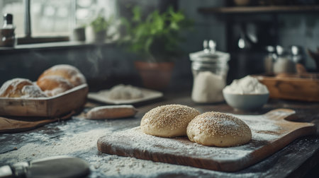 A simple and inviting kitchen scene featuring freshly made dough sprinkled with flour on a wooden board, perfect for baking enthusiasts.の素材
