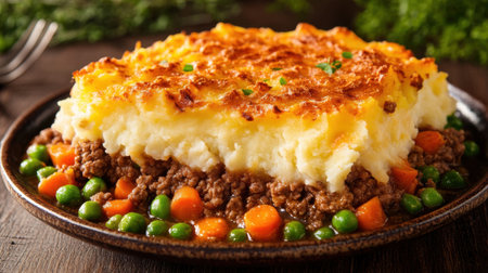 A delicious shepherd's pie featuring a golden, creamy mashed potato topping over a savory mix of ground meat and fresh vegetables, perfect for family gatherings.の素材