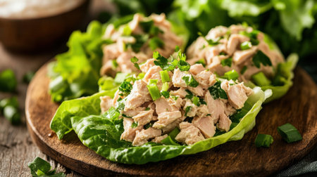 A vibrant tuna salad served on crisp lettuce leaves, showcasing fresh ingredients and herbs on a rustic wooden plate. Perfect for healthy meals.の素材
