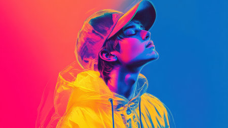 A stunning portrait of a young man wearing a cap, captured in vibrant colors. The artistic lighting creates a cool atmosphere, highlighting his serene expression.の素材
