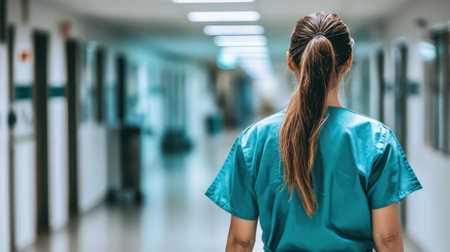 A healthcare professional wearing a blue uniform stands calmly in a hospital corridor, embodying dedication and focus in a critical healthcare environment.の素材