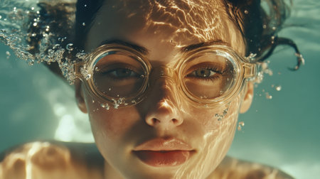 A mesmerizing underwater portrait of a swimmer with goggles, showcasing serene beauty and tranquility as light dances across the water's surface.の素材