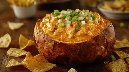 A delicious and creamy dip served in a rustic bread bowl, surrounded by crunchy tortilla chips. Perfect for parties or casual gatherings.の素材