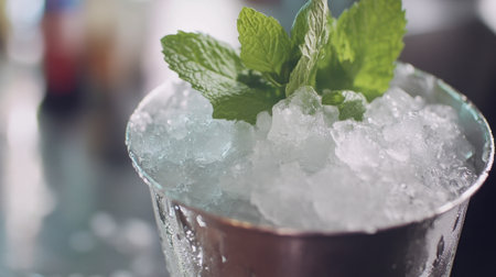 A refreshing minty beverage served in a vintage metal cup filled with crushed ice. Perfect for summer parties or bar scenes, capturing the essence of relaxation.の素材