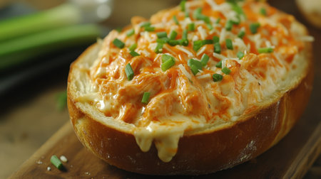 A delicious creamy buffalo chicken dip served in a bread bowl, perfect for appetizers or party snacks. Enjoy the warm, savory flavors with friends!の素材