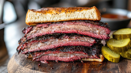 A mouthwatering smoked brisket sandwich served with fresh pickles. The beautifully stacked meat showcases rich flavors and textures, perfect for any barbecue lover.の素材