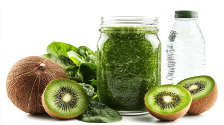 A vibrant green smoothie featuring kiwi and spinach, perfect for a healthy refreshment. Ideal for nutrition enthusiasts and wellness seekers.の素材