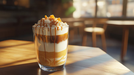 A beautiful glass filled with a delicious layered dessert featuring cream, caramel, and toppings, set on a wooden table in a cozy cafe.の素材