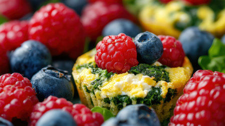 Delight in colorful savory muffins topped with fresh blueberries and raspberries, surrounded by vibrant greens, perfect for a healthy snack or brunch dish.の素材