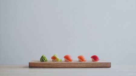 Delight in a minimalist sushi presentation featuring vibrant colors on a rustic wooden platter. Perfect for food lovers and culinary enthusiasts.の素材