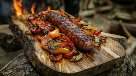 A beautifully grilled sausage accompanied by colorful bell peppers and onions on a rustic wooden board, perfect for outdoor cooking and summer gatherings.の素材
