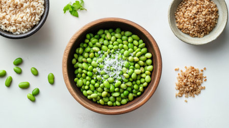 Bright green edamame in a wooden bowl topped with sea salt, surrounded by earthy ingredients. Perfect for health-focused meal prep and food styling.の素材