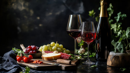 A stylish arrangement of red wine, cheese, and fresh fruits on a wooden table, perfect for a celebration or cozy gathering in an elegant setting.の素材
