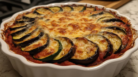 A mouthwatering vegetable casserole featuring layers of zucchini and eggplant topped with a golden cheese crust, perfect for a healthy meal.の素材