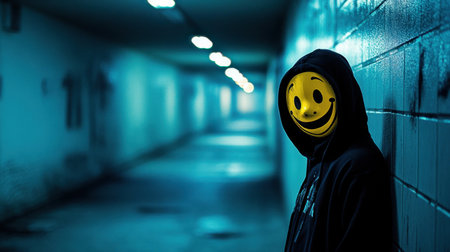 A mysterious figure wearing a smiley face mask stands in a dimly lit corridor. The artwork evokes feelings of anonymity and surrealism, blending urban elements.の素材
