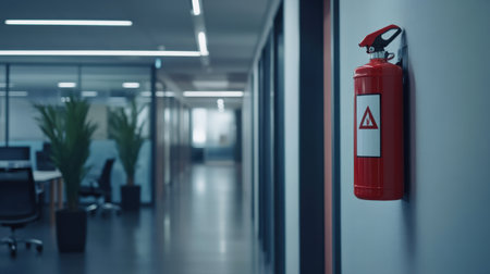 A red fire extinguisher mounted on the wall in a modern office, symbolizing safety and emergency preparedness in a professional environment.の素材
