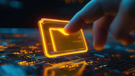 A close-up view of a glowing digital interface where a finger interacts with a vibrant icon. This illustration represents modern technology and innovation.の素材