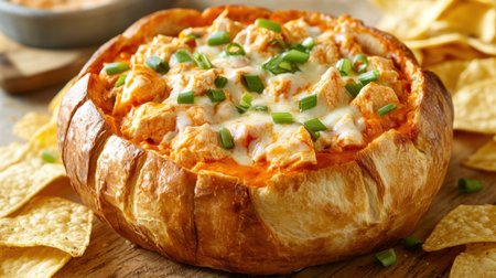 Indulge in a warm, creamy chicken dip served in a freshly baked bread bowl. Perfect for parties, gatherings, or cozy nights in, this dish pairs beautifully with crispy nachos.の素材