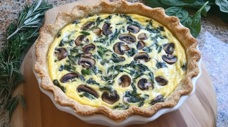 A delicious spinach and mushroom quiche fresh from the oven, showcasing a flaky crust and vibrant filling. Perfect for breakfast or brunch gatherings.の素材