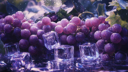 A captivating still life featuring fresh purple grapes and ice cubes, set against a vibrant background. Perfect for summer or beverage themes.の素材