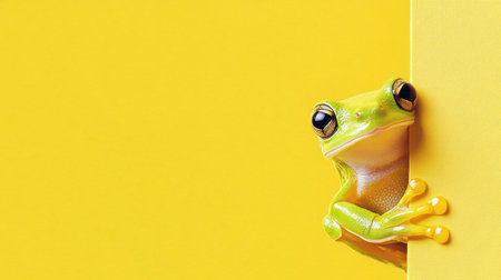 A charming green frog peeks from behind a bright yellow backdrop, capturing attention with its vibrant color and playful expression, ideal for nature lovers.の素材